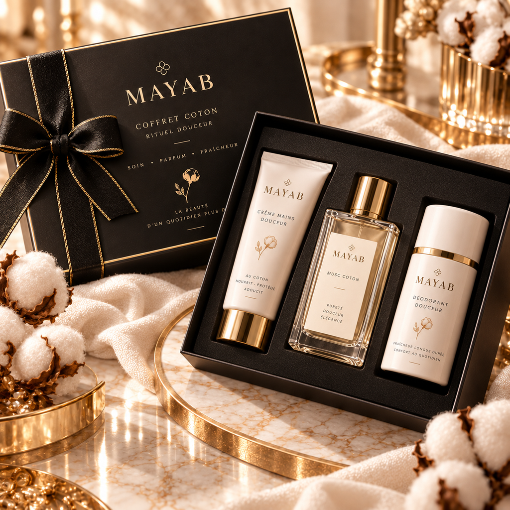 Coffret Coton MAYAB – Rituel Douceur avec Crème Mains Coton, Musc Coton et Déodorant Coton