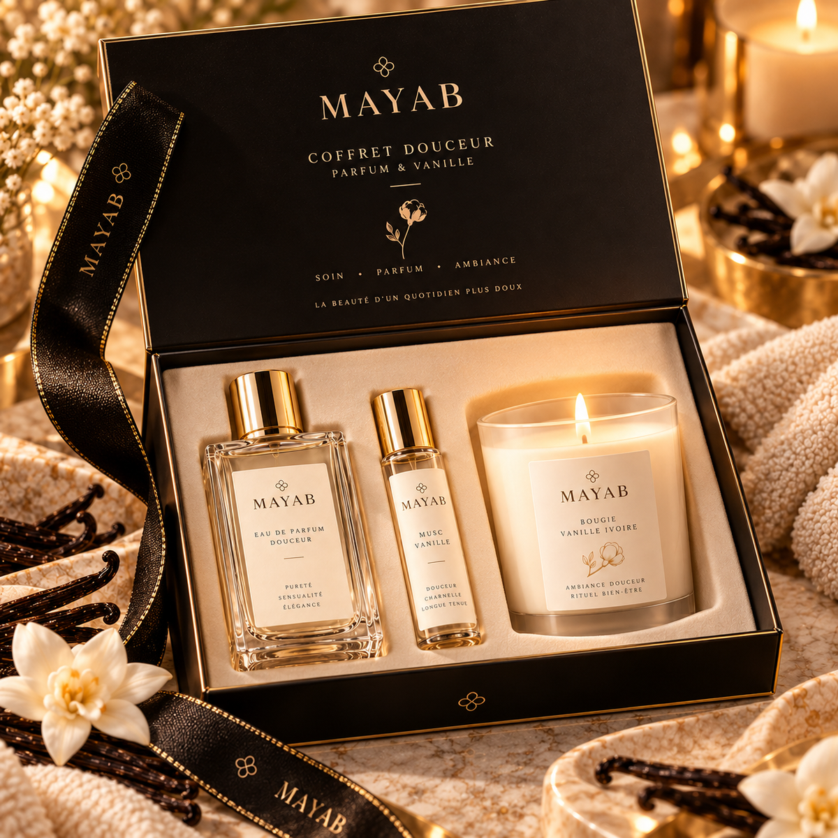 Coffret Douceur MAYAB – Parfum & Vanille avec Eau de Parfum Douceur, Musc Vanille et Bougie Vanille Ivoire