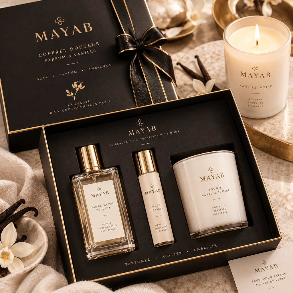 Coffret Douceur MAYAB en écrin noir et or – univers vanille