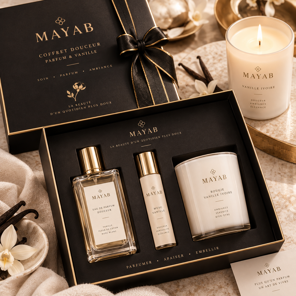 Coffret Douceur MAYAB en écrin noir et or – univers vanille