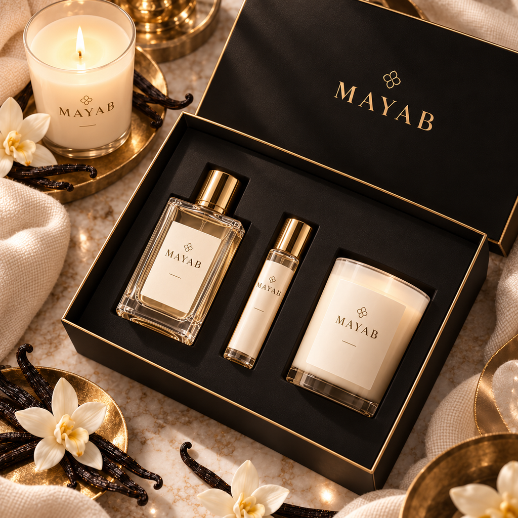 Coffret Douceur MAYAB – détail vanille et lumière dorée