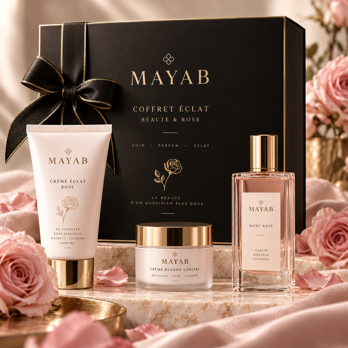 Coffret Éclat MAYAB en écrin noir et or – univers rose