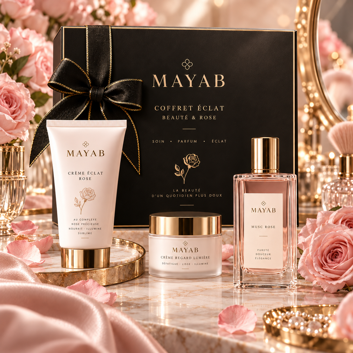 Coffret Éclat MAYAB ouvert – détail des trois produits