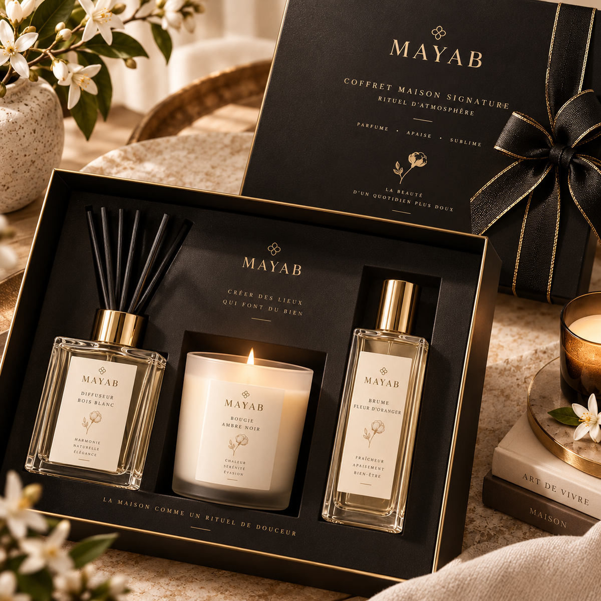 Coffret Maison Signature MAYAB avec Diffuseur Bois Blanc, Bougie Ambre Noir et Brume Fleur d’Oranger