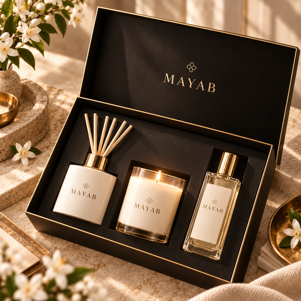 Coffret Maison Signature MAYAB – ambiance parfumée en lumière dorée