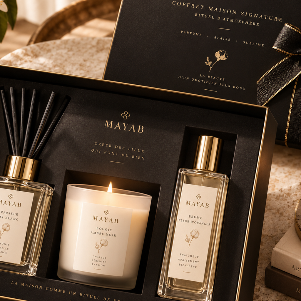 Coffret Maison Signature MAYAB – gros plan diffuseur, bougie et brume