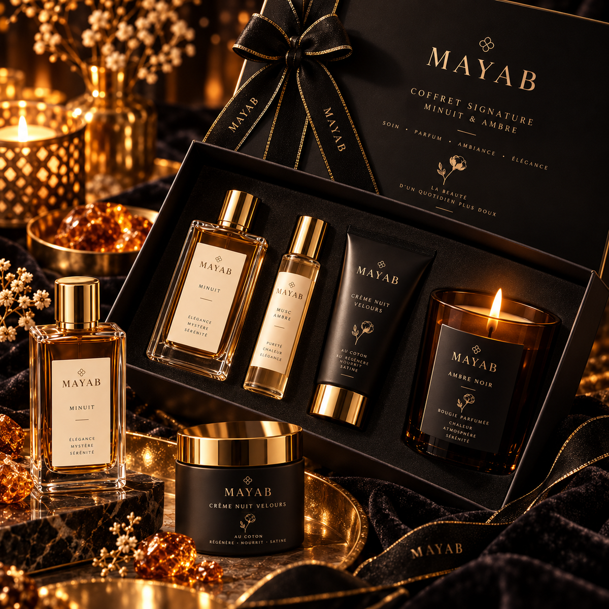 Coffret Signature MAYAB – ambiance nocturne ambre et or