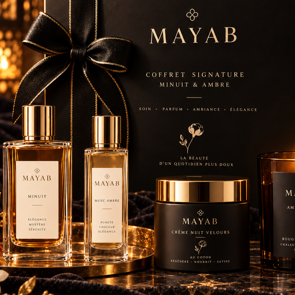 Coffret Signature MAYAB – gros plan parfum Minuit et Musc Ambre