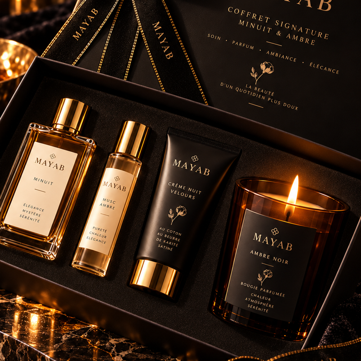 Coffret Signature MAYAB – détail Crème Nuit Velours et Bougie Ambre Noir
